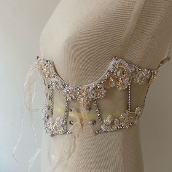 White Rhinestone Beaded Underbust Corset Handmade original Dolls Kill Corset - Picture 10 of 14